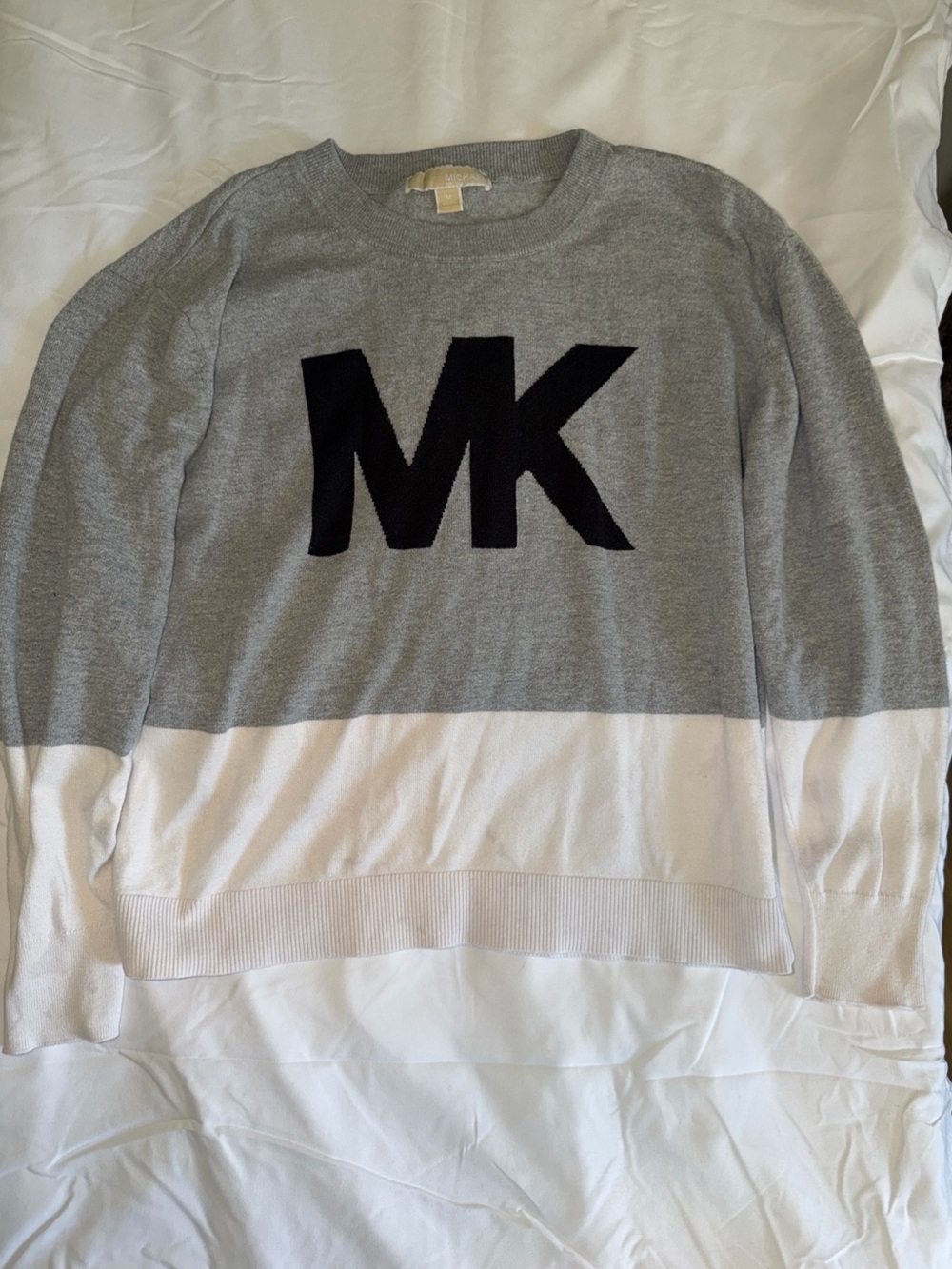 Michael Kors Gray White Colorblock Crewneck with Black MK Logo
